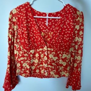 Free People 3/4 Sleeve Boho Floral Crop Top